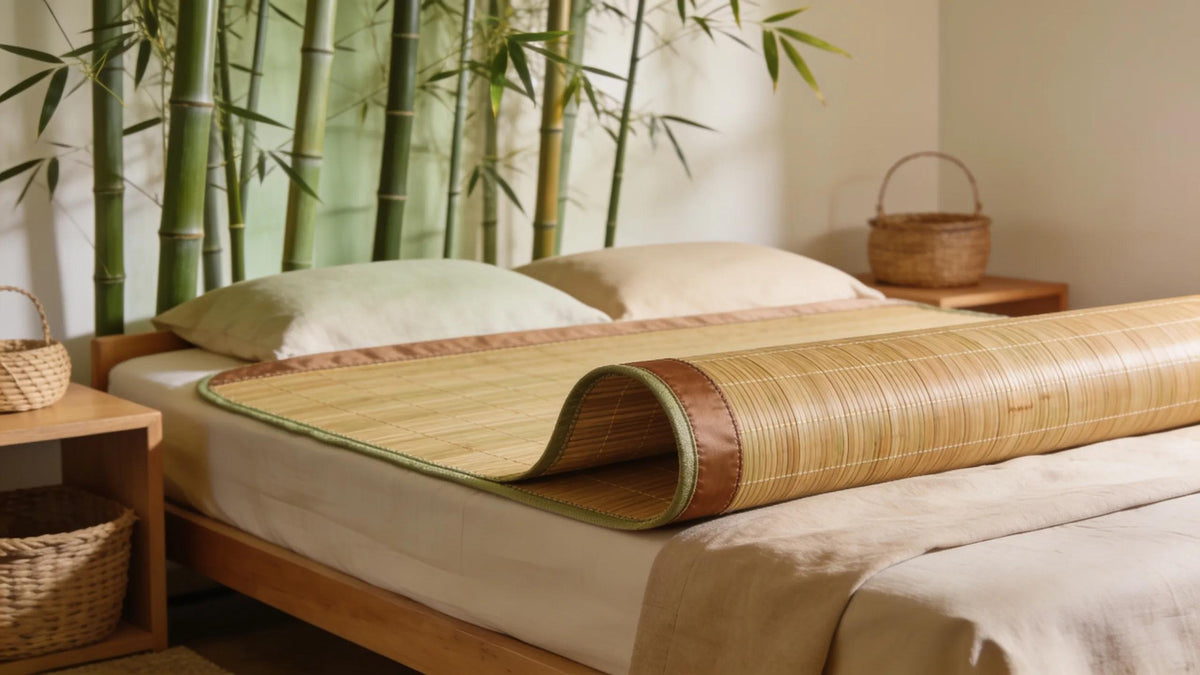 Luxurious bamboo mattress topper on a serene bedroom bed emphasising cooling and eco-friendly features