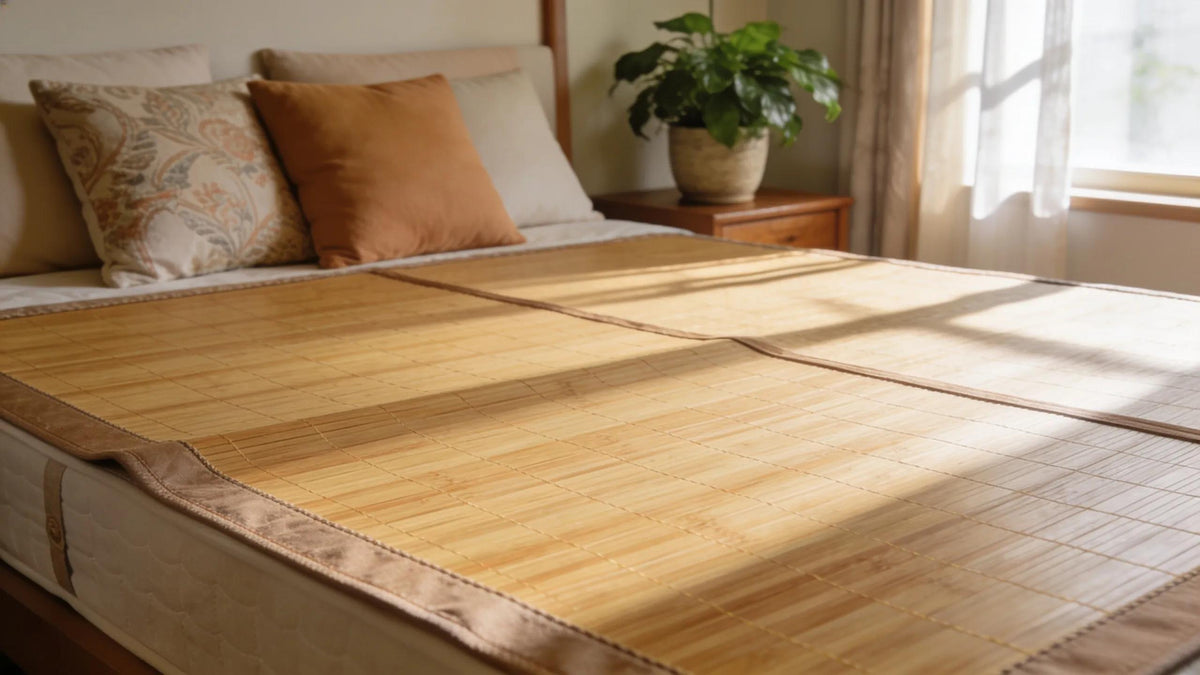 Cooling bamboo mattress topper on a bed, highlighting its soft texture and restful environment