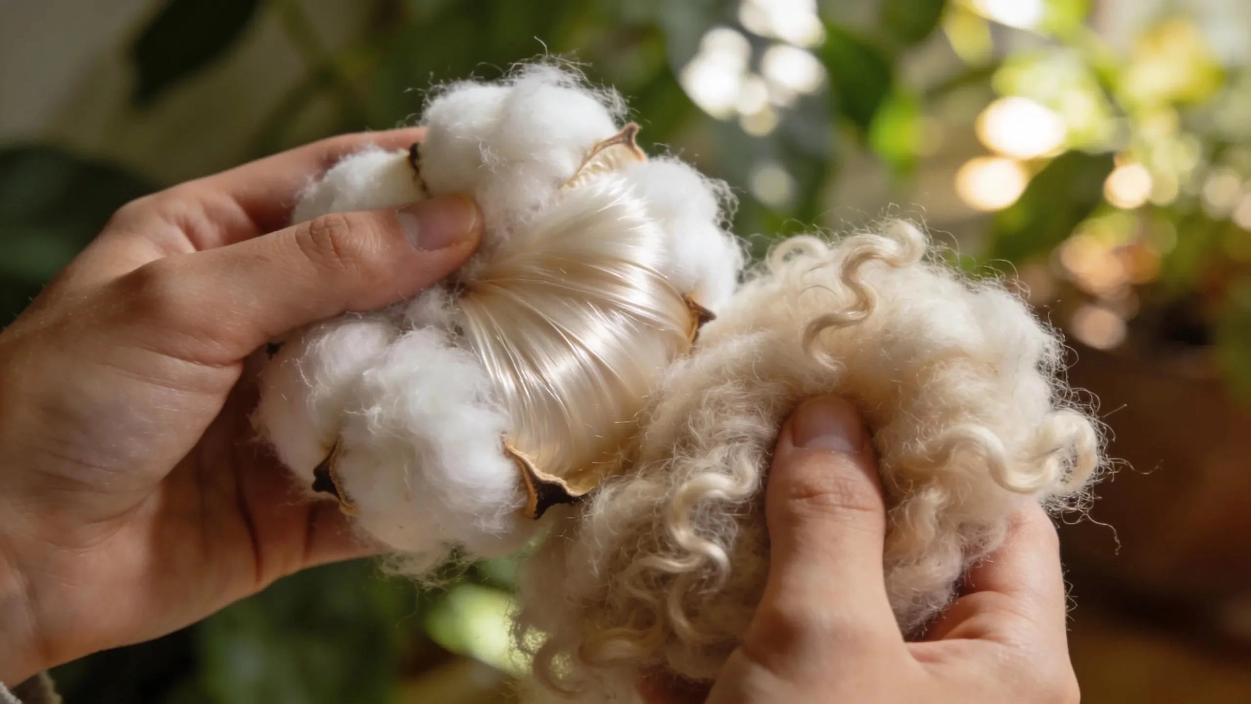 Close-up of kapok and wool biodegradable fillers, highlighting natural textures in a sustainable setting.