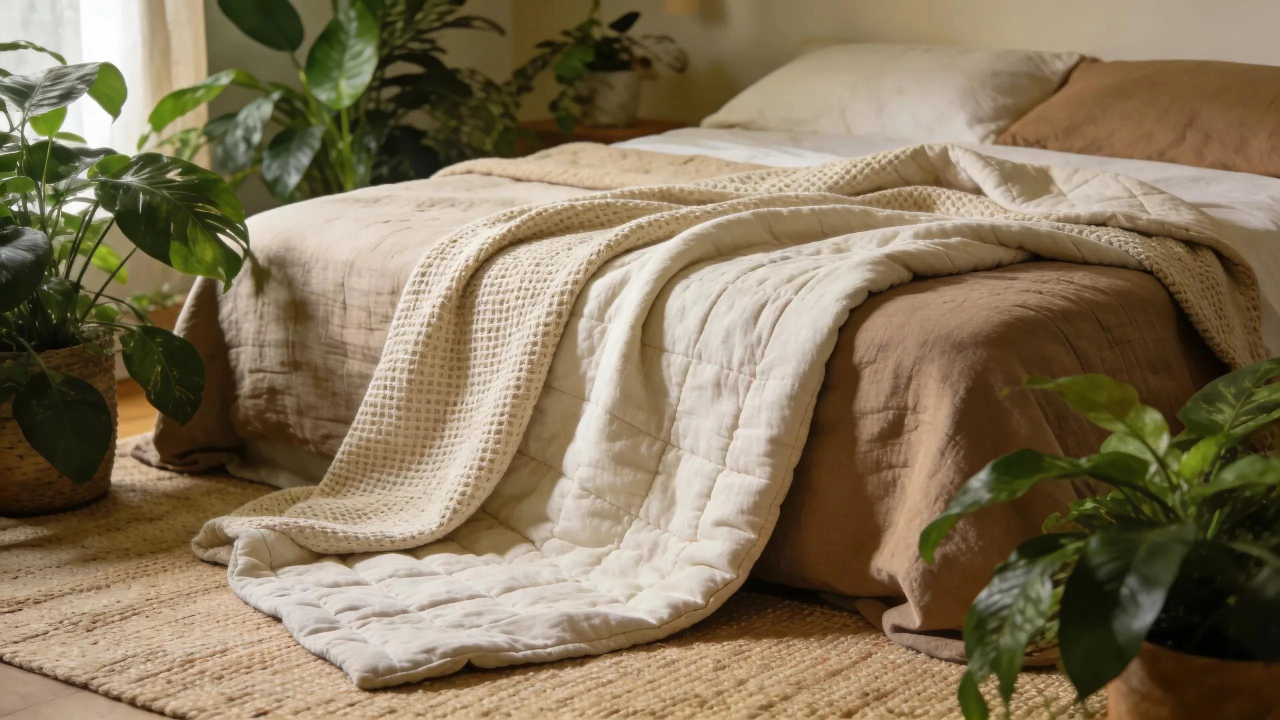 Eco-friendly bedding with organic weighted blanket emphasizing sustainable sleep solutions