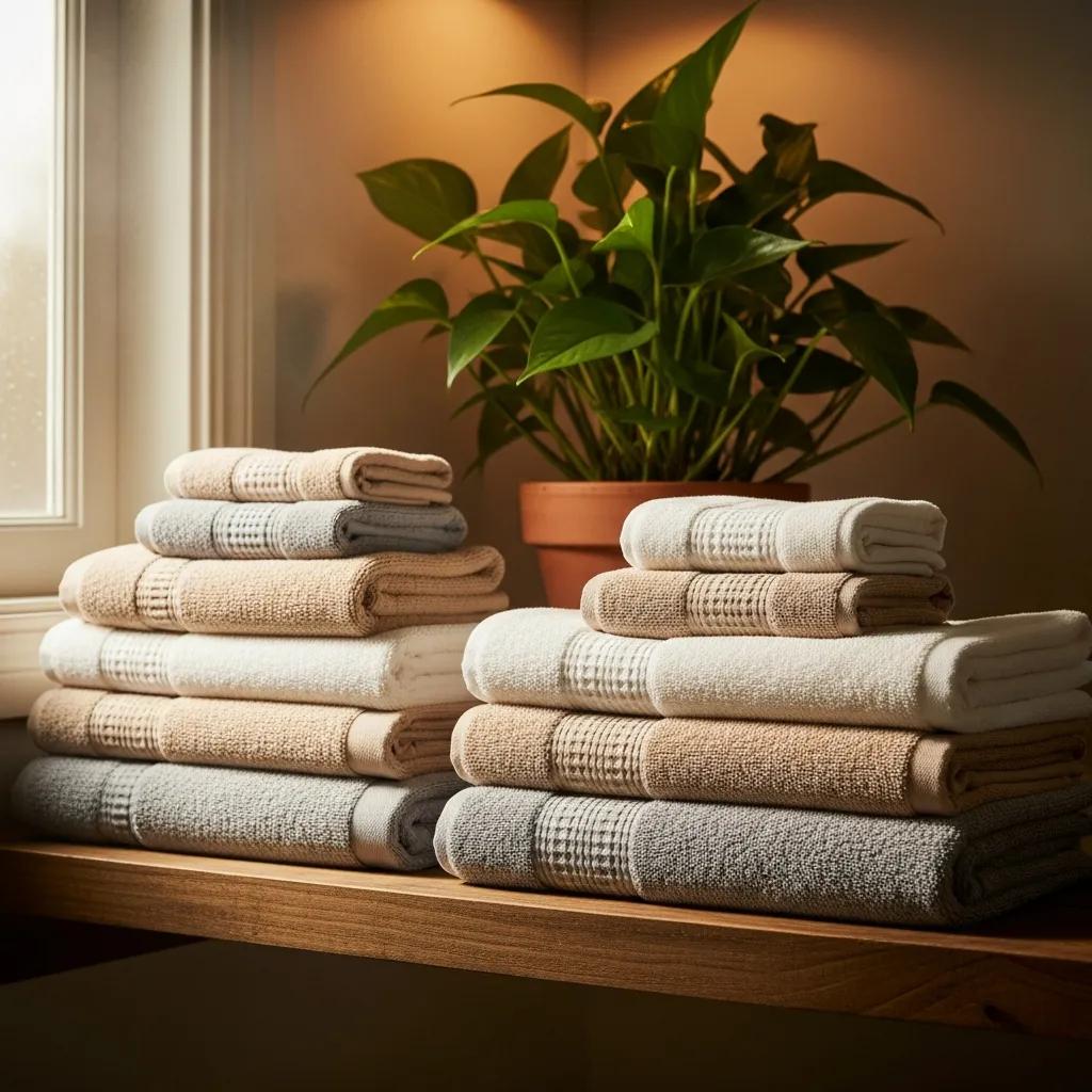Luxurious organic cotton towels in a cozy bathroom setting, highlighting eco-friendly textiles