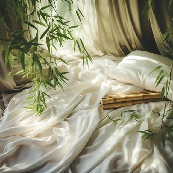 Organic bamboo sheets on a bed surrounded by bamboo leaves — soft, cooling bedding for better sleep.