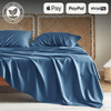 Luxurious single sheet and duvet set in blue with 100% natural organic product label and payment options including Apple Pay, PayPal, and Shop Pay.