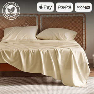 Organic single sheet and duvet set on bed, accepted payment options include Apple Pay, PayPal, and Shop Pay.