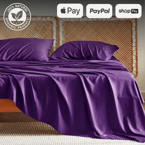 Purple single sheet and duvet on wooden bed with organic 100% natural product label and payment options Apple Pay, PayPal, Shop Pay