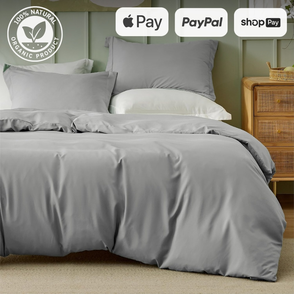 Bamboo Duvet Cover misty grey bed with white pillow 