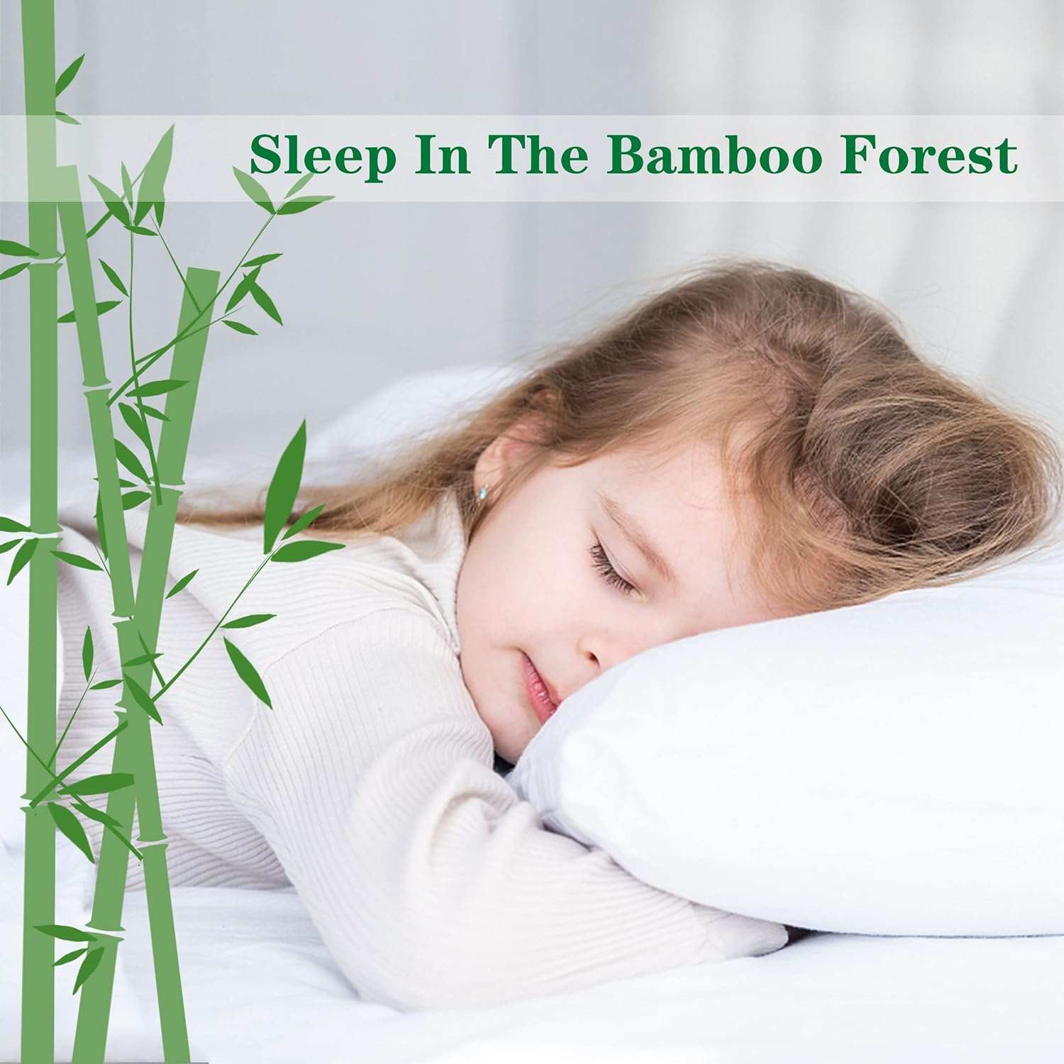 Young child peacefully sleeping on a white pillow with the text 'Sleep In The Bamboo Forest' overlay. The image includes green bamboo illustrations, creating a serene and natural atmosphere. The child's calm expression and the soft, white bedding emphasize comfort and tranquility