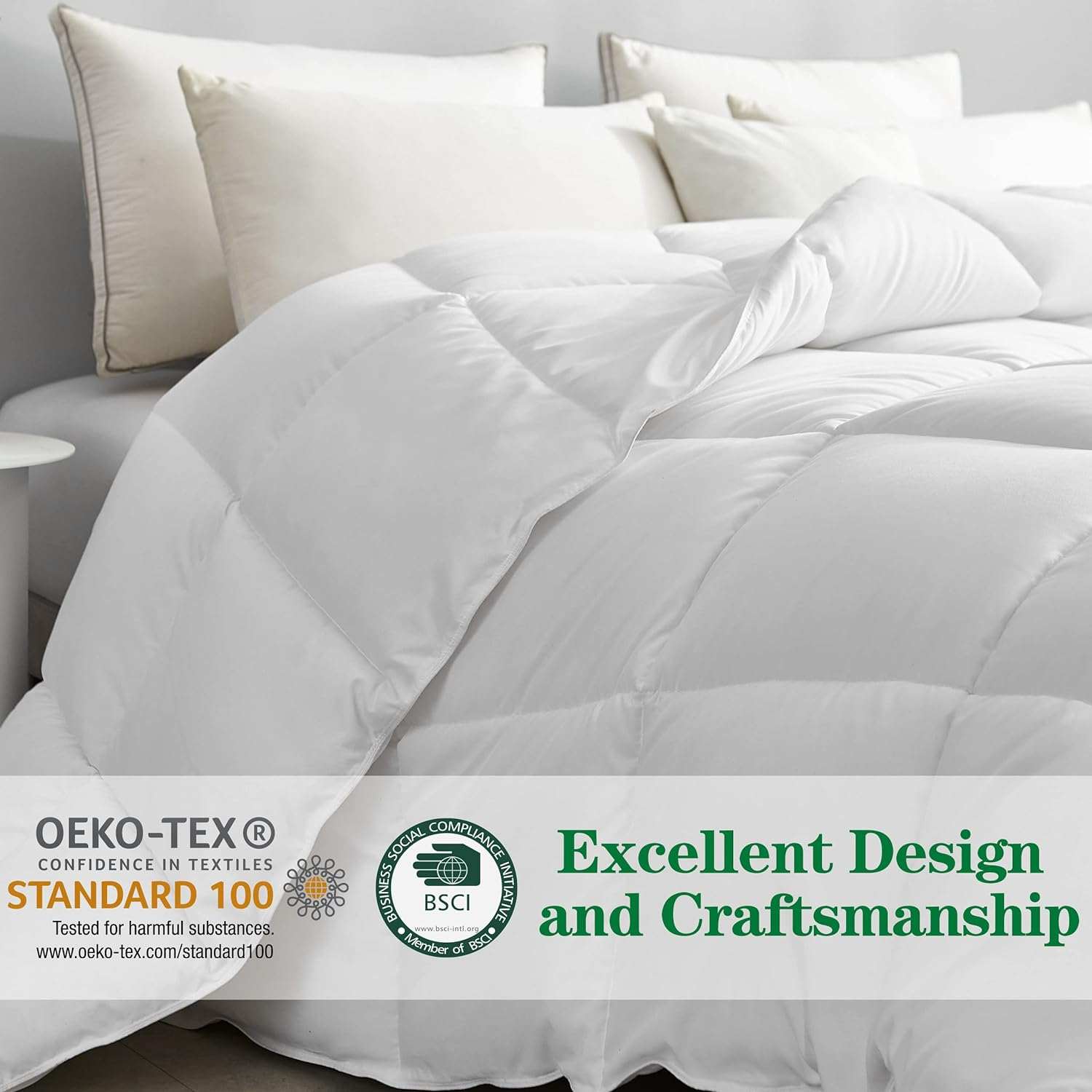 Image of a luxurious white Organic Bamboo Microfibre Quilt on a bed with beige pillows, emphasizing excellent design and craftsmanship. The comforter is OEKO-TEX® Standard 100 certified, ensuring it is tested for harmful substances. The BSCI (Business Social Compliance Initiative) logo is also visible, highlighting ethical manufacturing practices