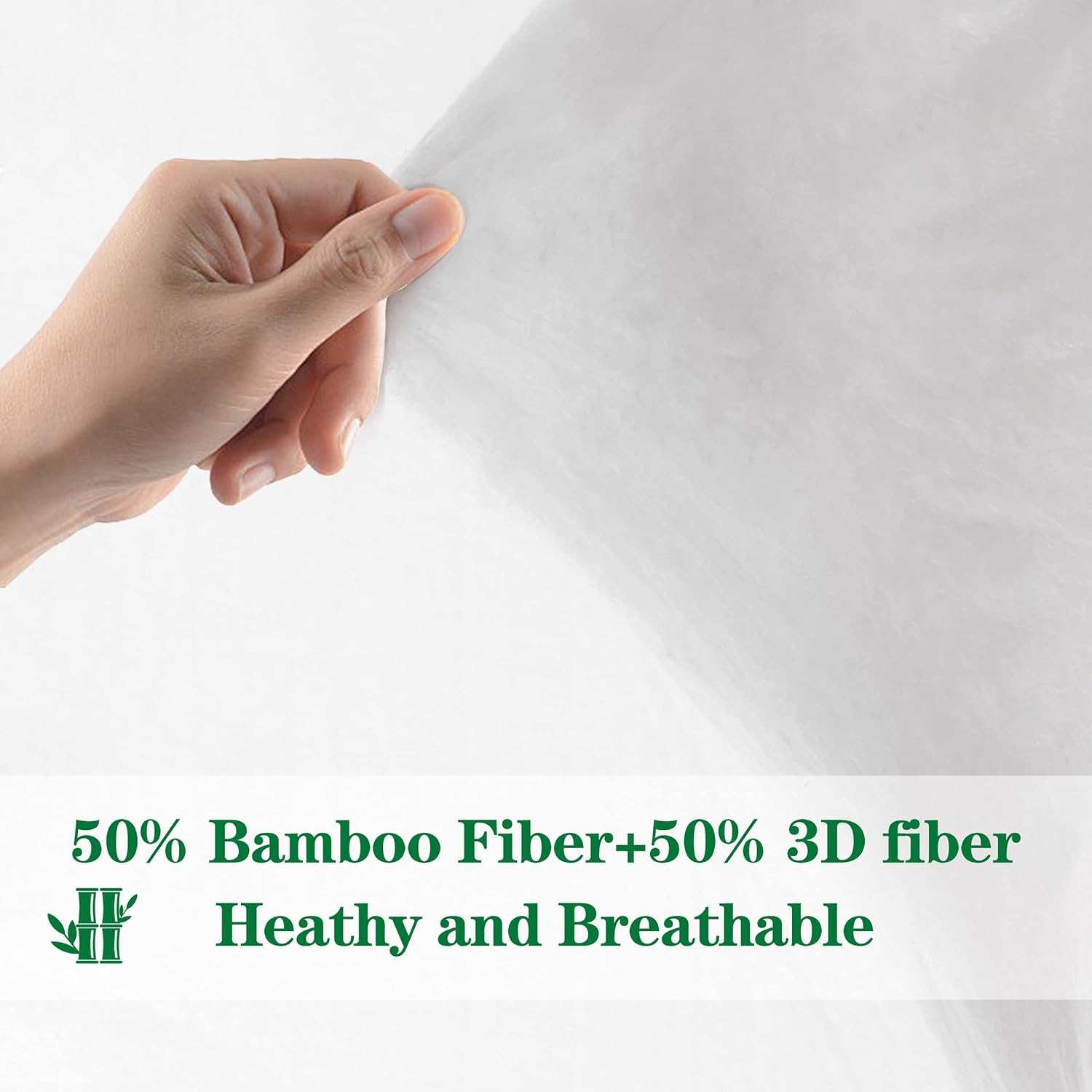 Hand holding a semi-transparent fabric blend with the text '50% Bamboo Fiber + 50% 3D Fiber, Healthy and Breathable.' The image highlights the fabric's composition and emphasizes its health benefits and breathability. A green logo with bamboo illustrations is included, underscoring the natural and eco-friendly aspects.