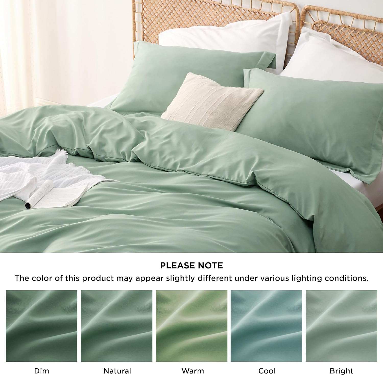 Sage green bedding set with various lighting conditions displayed: dim, natural, warm, cool, bright. Note: Color may vary.