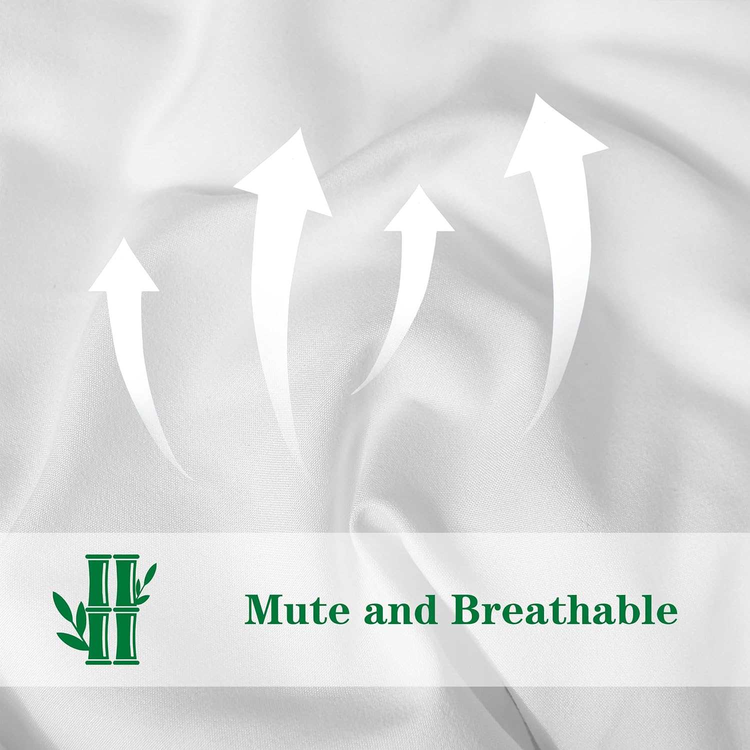 Close-up of white fabric with arrows indicating breathability and the text 'Mute and Breathable.' The image emphasizes the fabric's airflow capabilities and quiet nature. The green logo with bamboo illustrations adds a natural and eco-friendly touch.