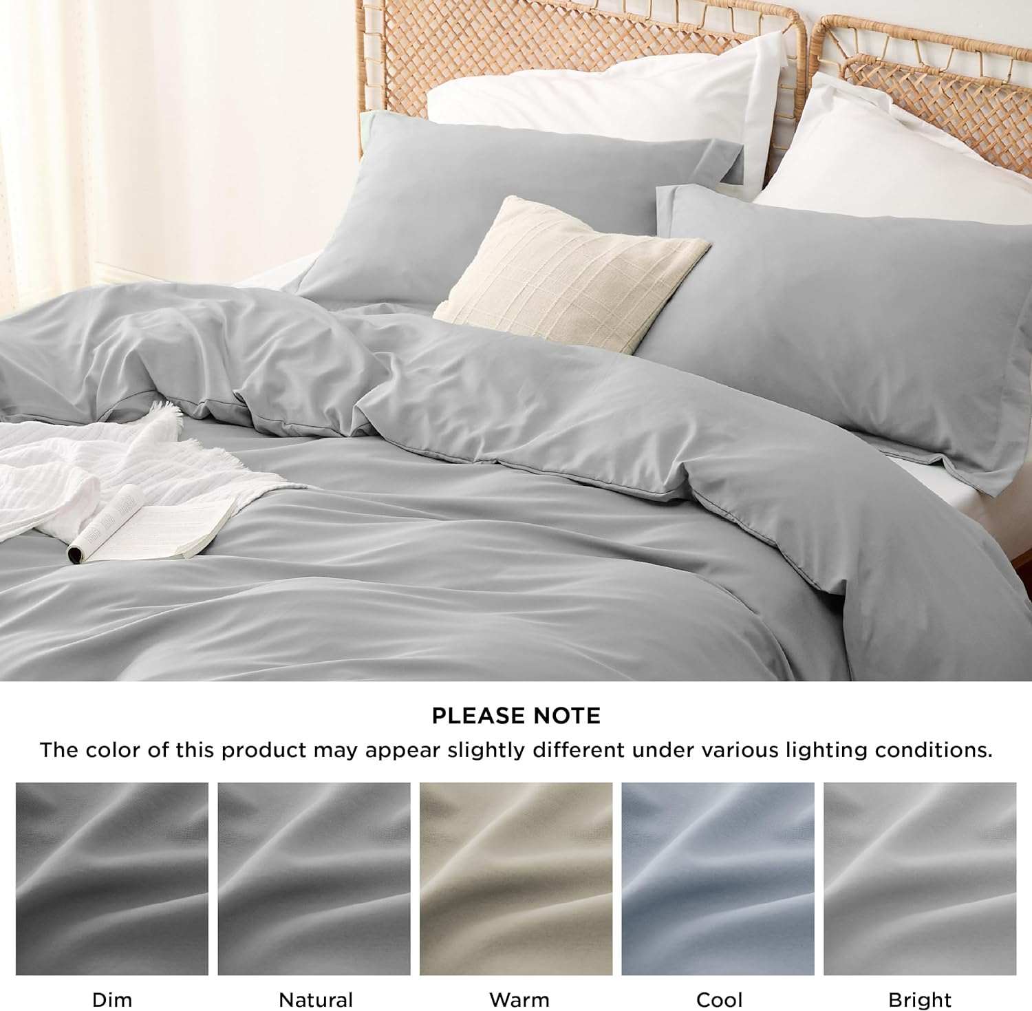 Light grey bedding on a wicker bed frame with varying color samples to show differences under different lighting conditions