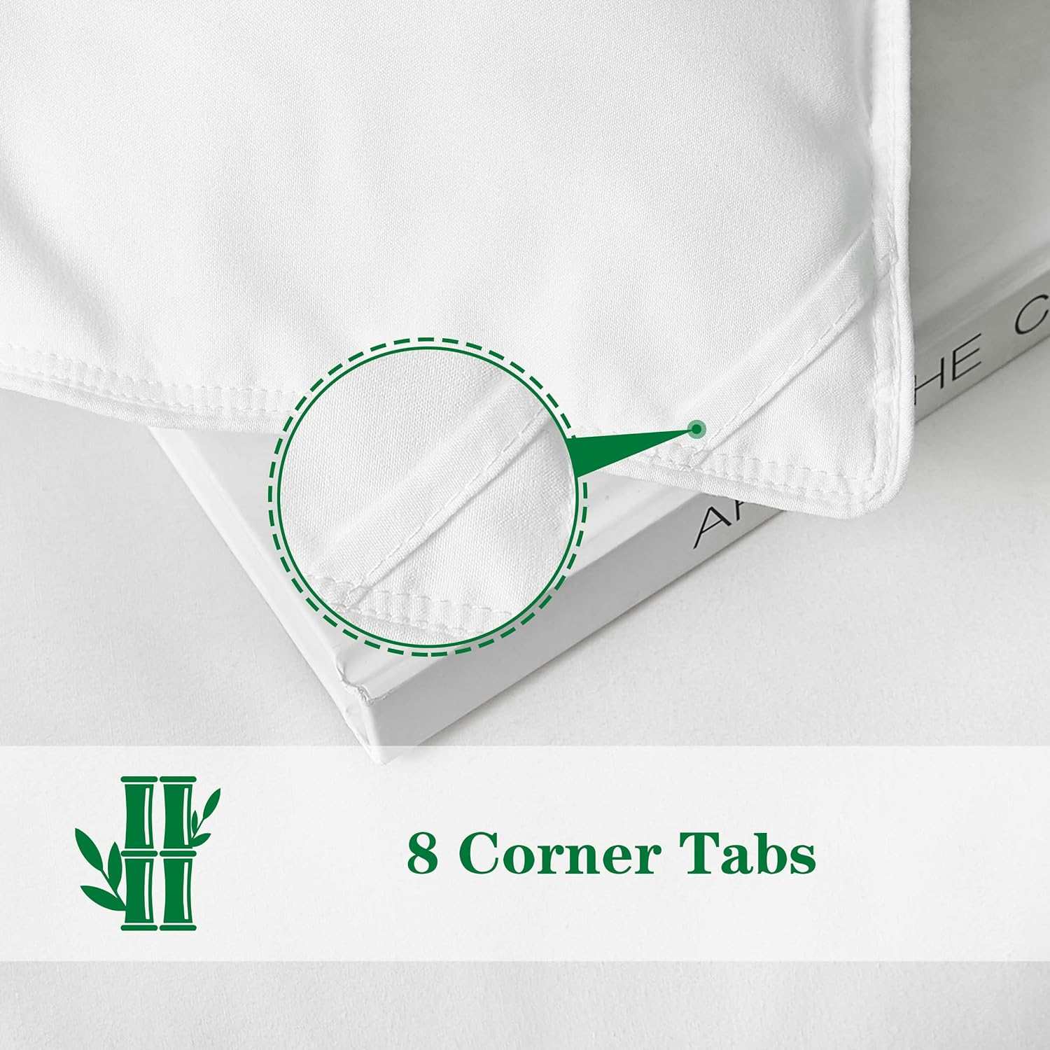 Organic Bamboo Microfibre Quiltfeaturing 8 corner tabs for secure fastening. The close-up view highlights the durable stitching and corner tab design, ensuring the comforter stays in place. The image includes the Adorearth logo, emphasizing quality and attention to detail.