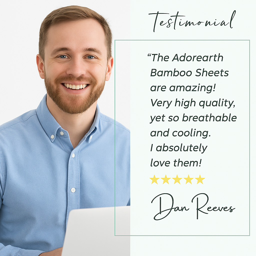 Customer Dan Reeves smiling while reviewing Adorearth bamboo sheets, praising the cooling softness and high quality.