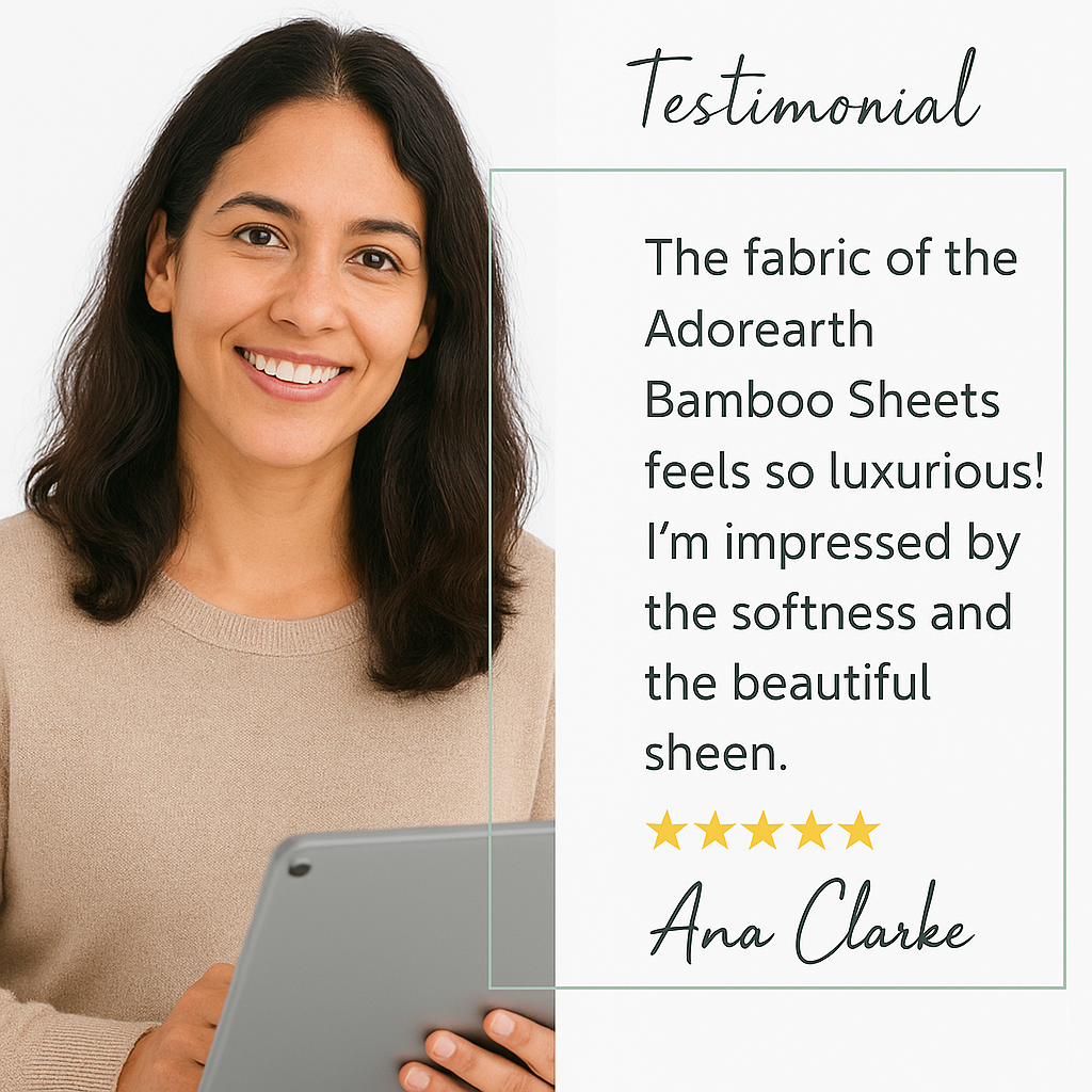 Customer Ana Clarke giving a testimonial about Adorearth bamboo sheets, noting luxurious softness and beautiful sheen.