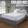 Bamboo mattress protector on bed in modern bedroom with payment options Apple Pay, PayPal, Shop Pay, and 100% natural organic product label.