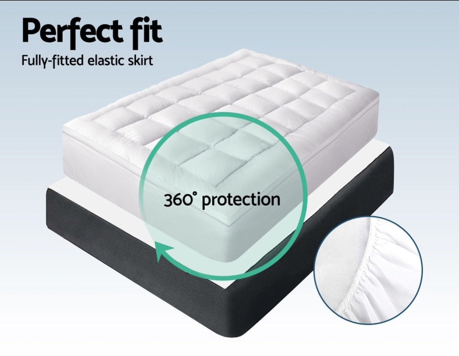 White bamboo mattress topper with a fully-fitted elastic skirt providing 360-degree protection, ensuring a perfect fit