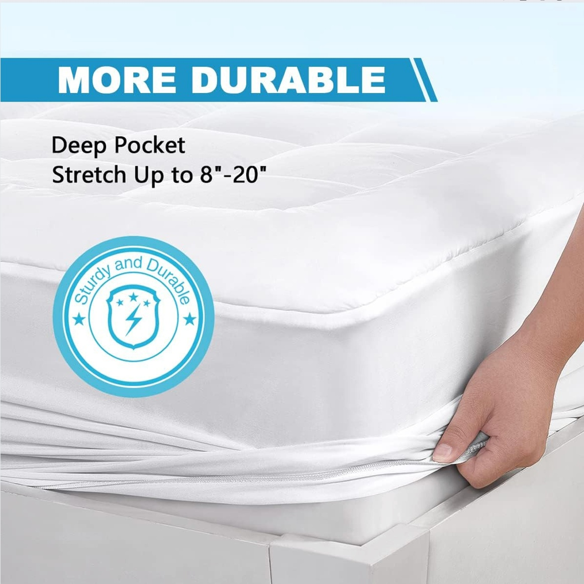 Hand adjusting a white bamboo mattress topper with deep pockets, demonstrating its durability and ability to stretch up to 8-20 inches, accompanied by a sturdy and durable icon.