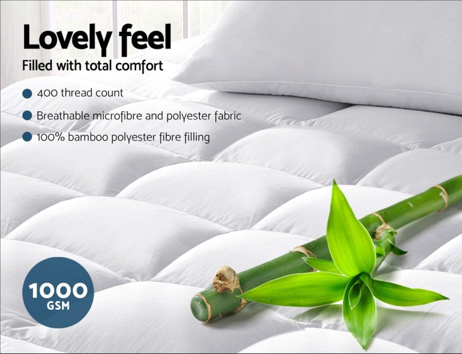 White bamboo mattress topper with a lovely feel, highlighting features like 400 thread count, breathable microfibre and polyester fabric, 100% bamboo polyester fibre filling, and 1000 GSM.