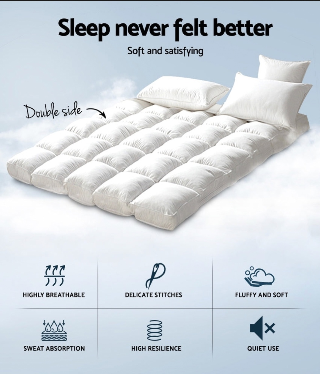 Illustration of a luxurious bamboo mattress topper labeled 'Sleep never felt better,' showcasing its double-sided design. Features include high breathability, delicate stitches, fluffy and soft texture, sweat absorption, high resilience, and quiet use, ensuring a soft and satisfying sleep experience.