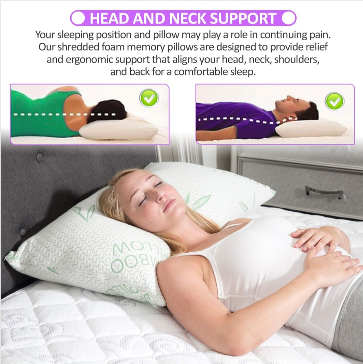 Woman sleeping on memory foam pillow for ergonomic head and neck support; showing proper sleeping positions for pain relief.