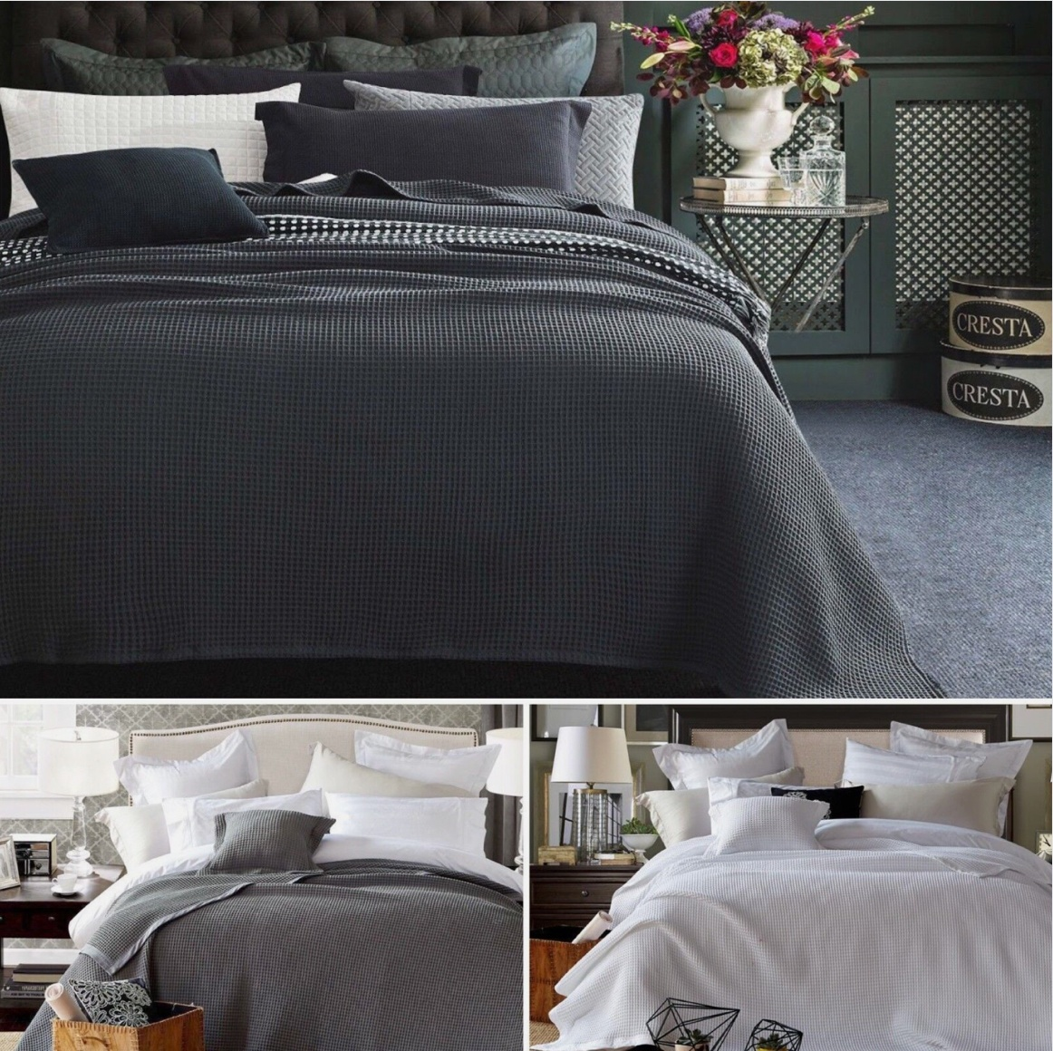 Stylish bedroom with Adorearth™ Bamboo Waffle Throw Blankets in various colors displayed on beds.