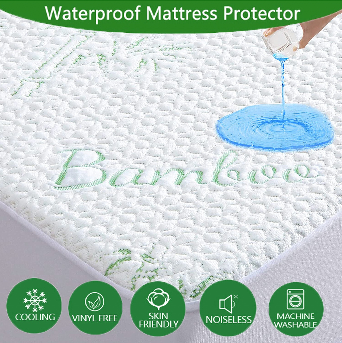 Waterproof bamboo mattress protector with cooling, noiseless, vinyl-free, and skin-friendly features, being tested for water resistance.