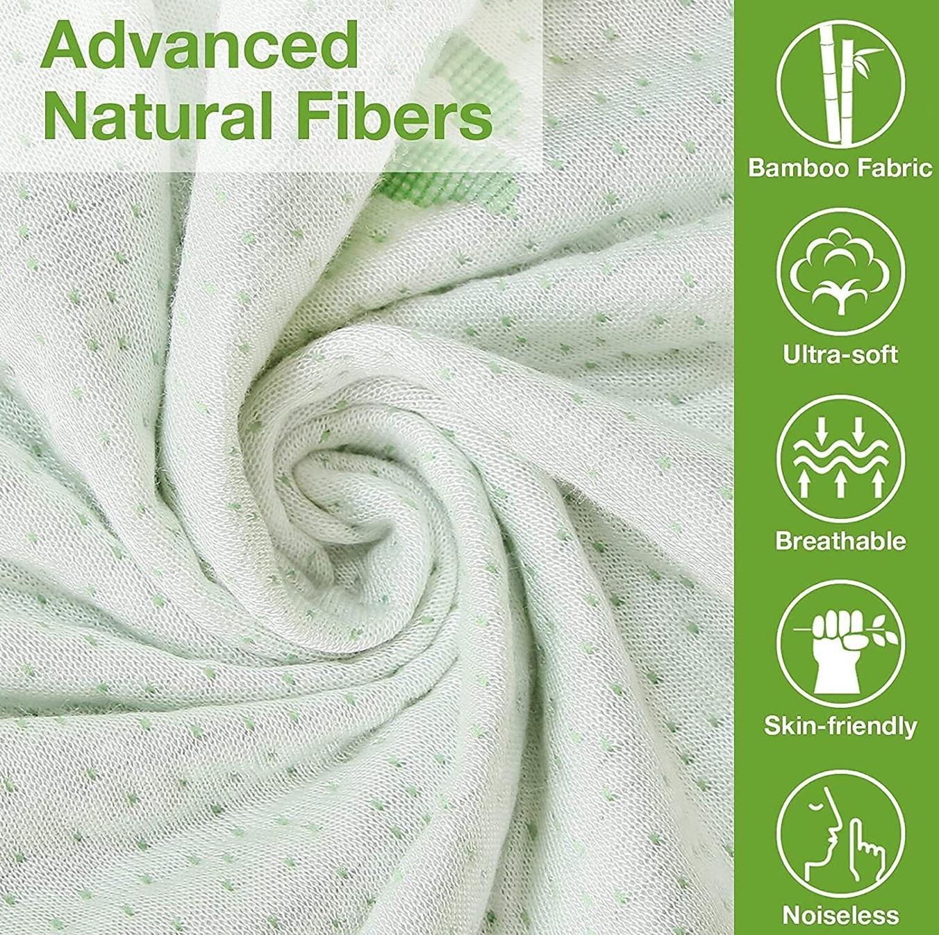 Adorearth™ bamboo mattress protector showcasing advanced natural fibers, ultra-soft, breathable, skin-friendly, noiseless fabric.