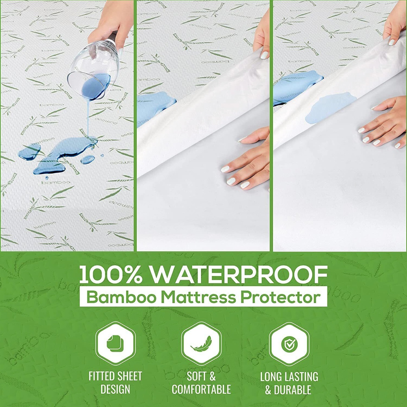 100% waterproof bamboo mattress protector with fitted sheet design, showcasing spill resistance and durability.