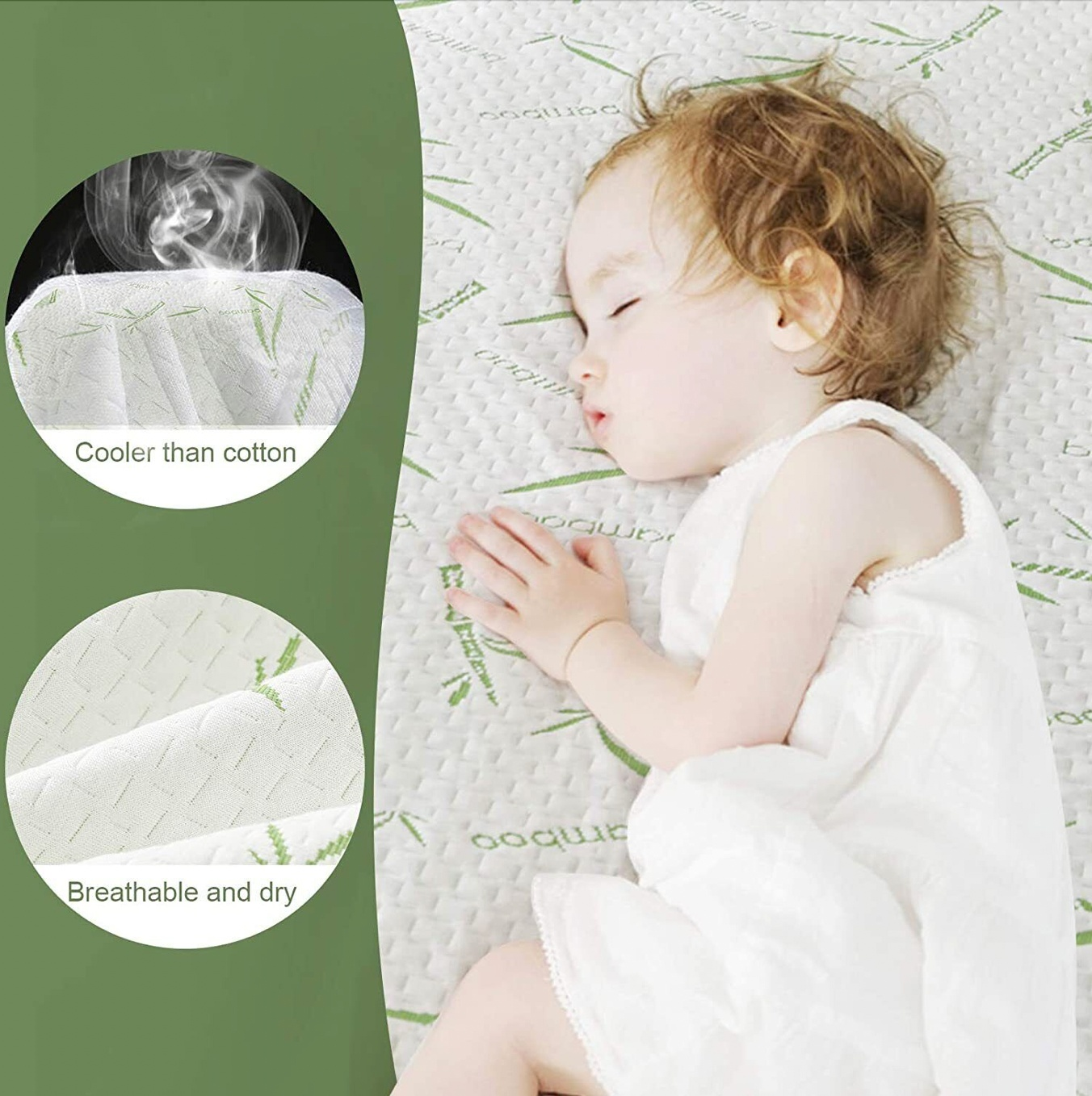 Baby sleeping peacefully on Adorearth™ bamboo mattress protector, showcasing its breathable, dry, and cooler-than-cotton features.