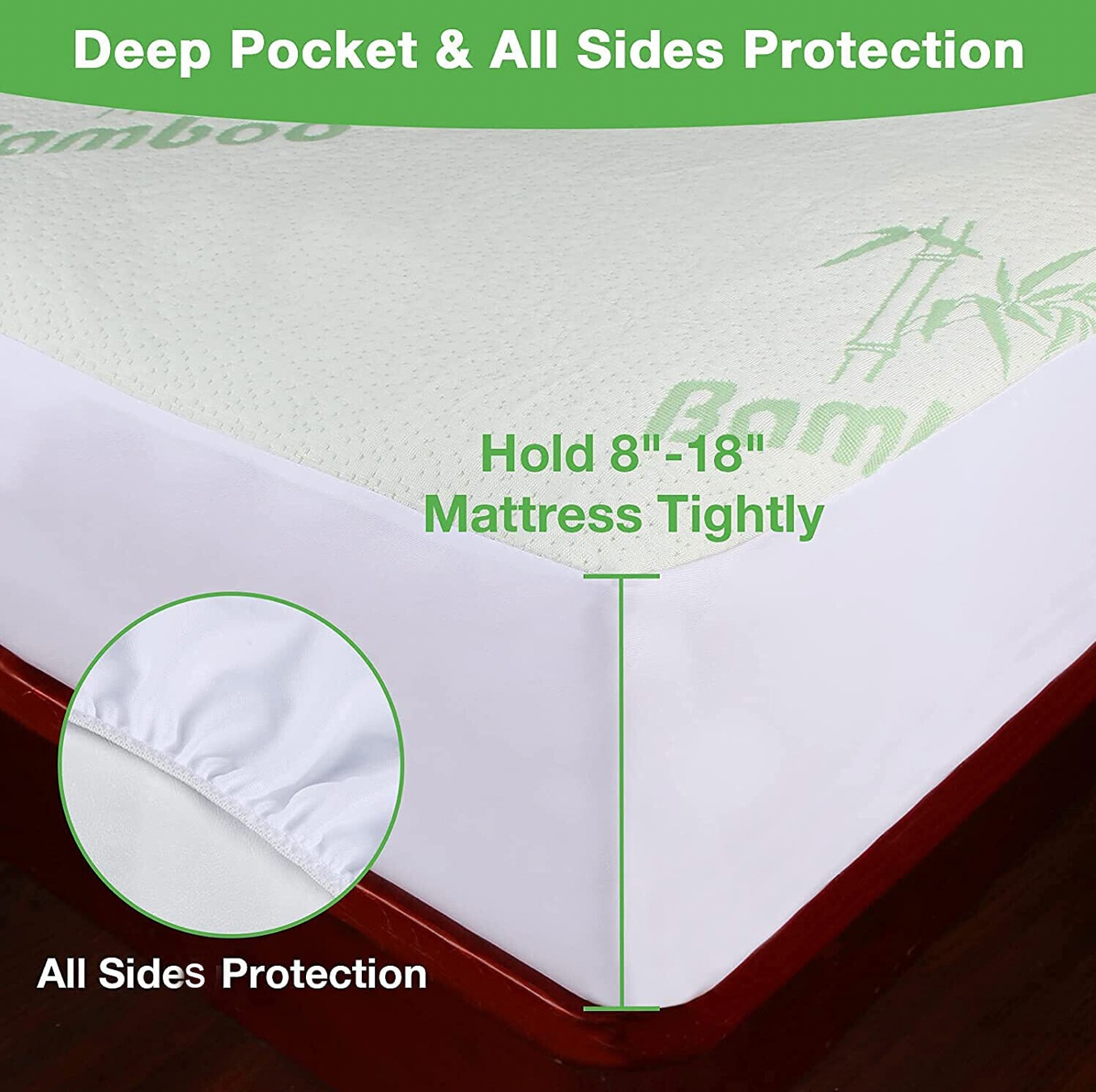 Bamboo mattress protector with deep pocket fitting, holds 8"-18" mattresses, all sides protection, eco-friendly bedding.