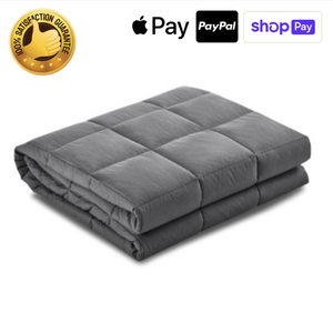 Weighted blanket by Adorearth™ with satisfaction guarantee and multiple payment options including Apple Pay, PayPal, and Shop Pay.