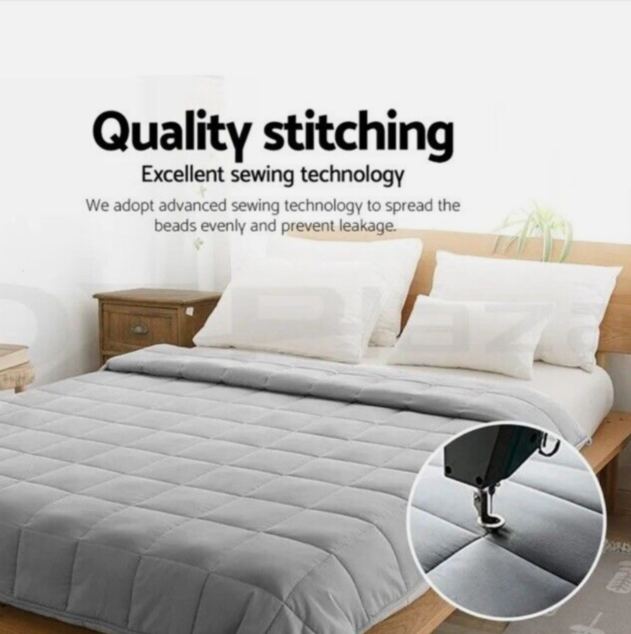 Quality stitching on Adorearth™ weighted blanket with advanced sewing technology for even bead distribution shown on a bed.