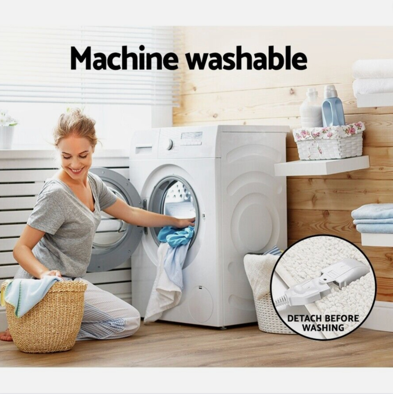 Woman using washing machine showing Adorearth™ electric blanket in detachable mode for easy cleaning. Machine washable feature.