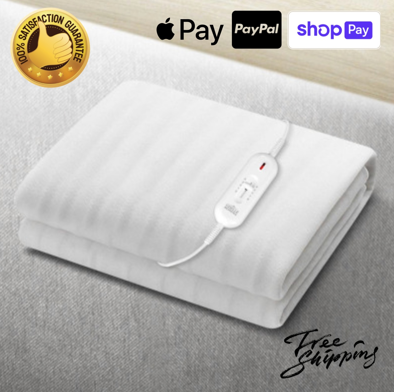 "Adorearth™ Fitted Electric Blanket with controller, 100% satisfaction guarantee, available Pay, PayPal, Shop Pay, free shipping"