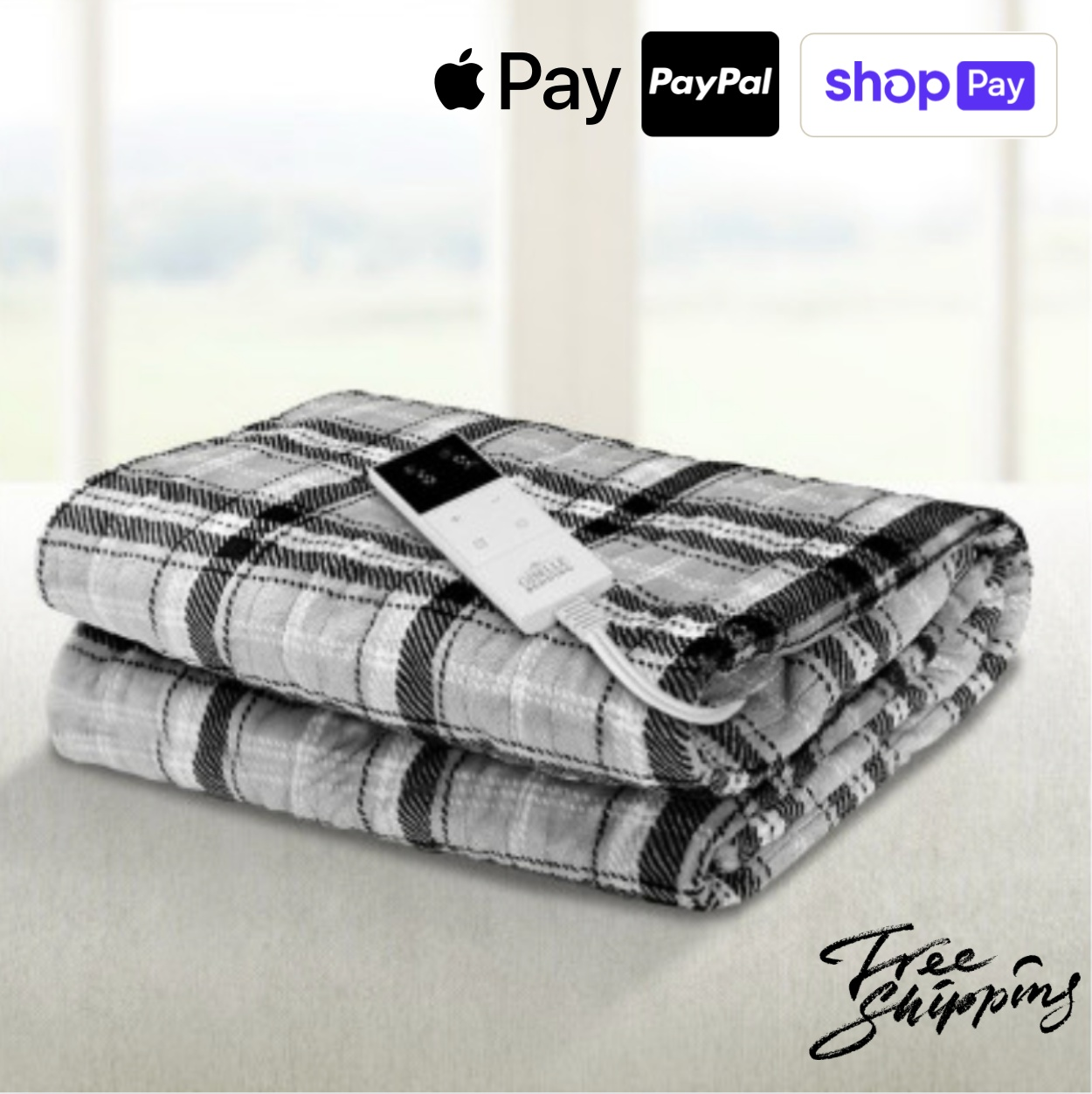 Adorearth™ electric throw rug folded on table, remote control visible, available for purchase with Apple Pay, PayPal, and Shop Pay, free shipping.