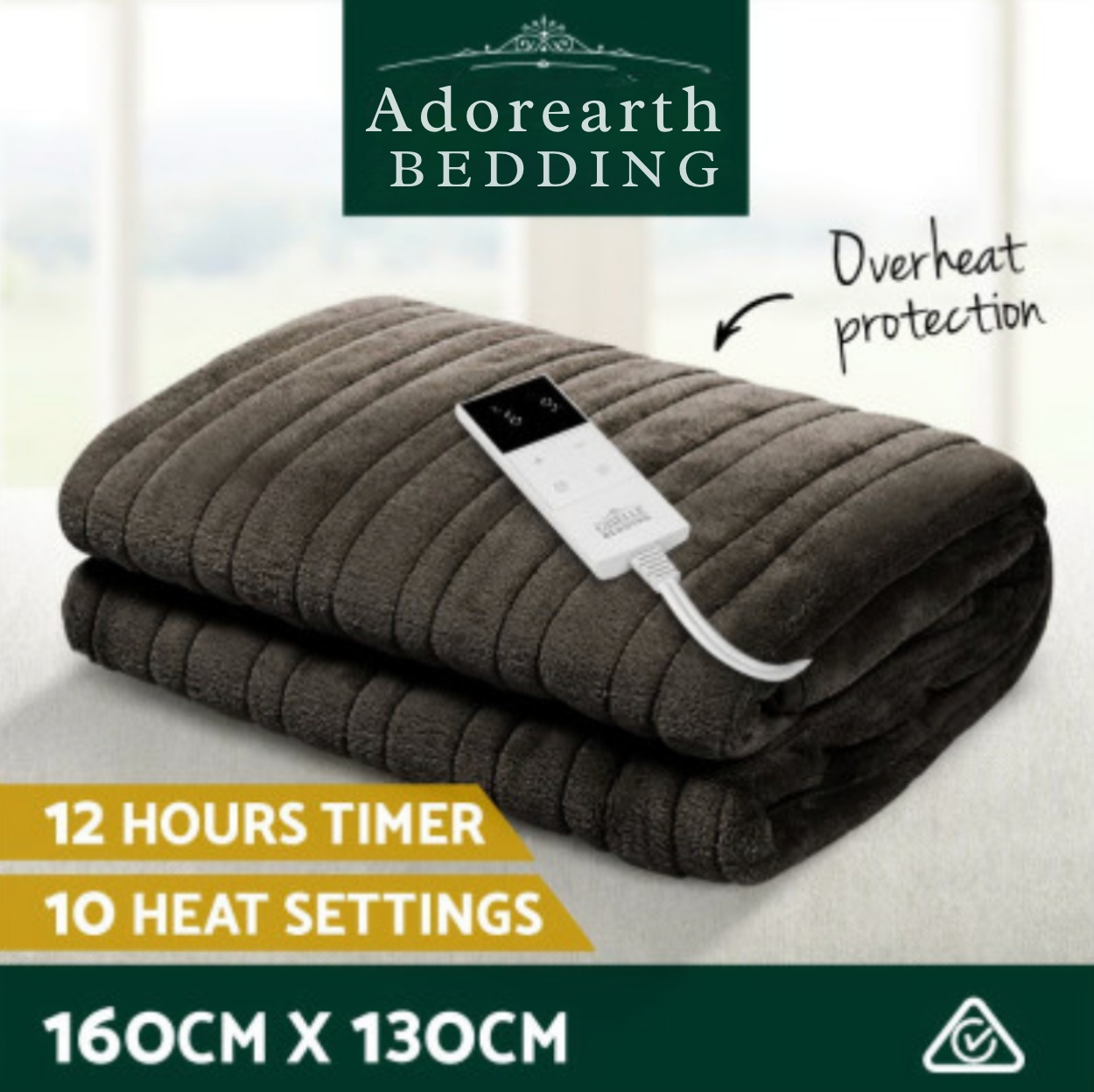 Adorearth Bedding electric throw rug with overheat protection, 12-hour timer, and 10 heat settings, 160cm x 130cm.