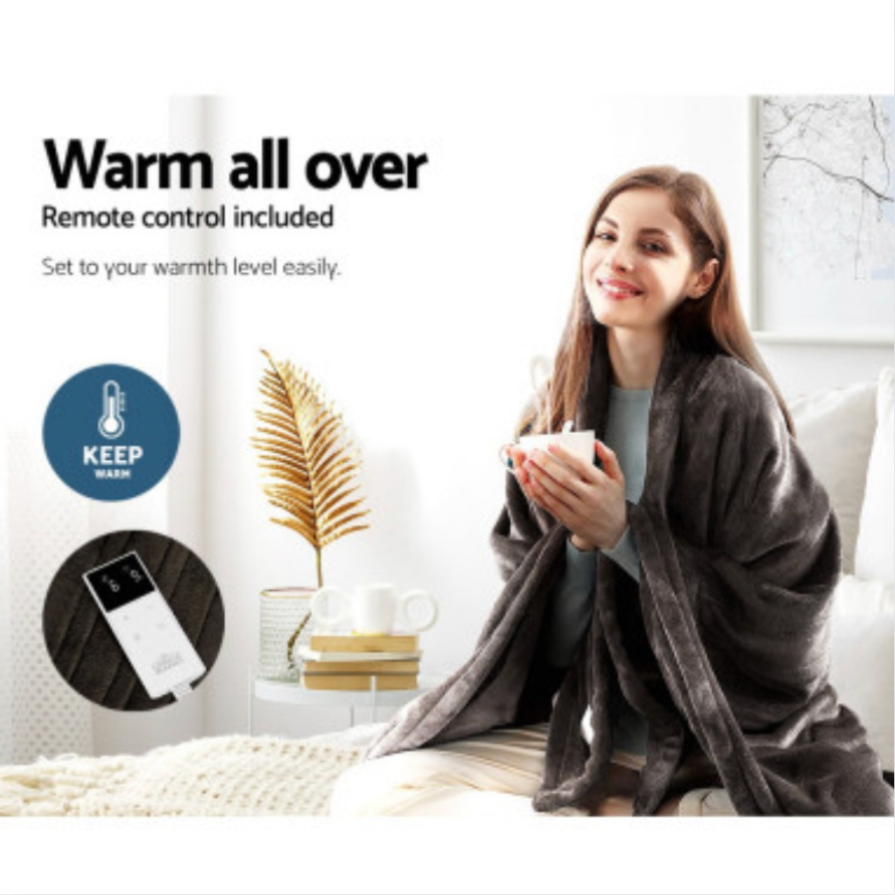 Woman enjoying warmth from Adorearth™ Electric Throw Rug with remote control in modern living room.