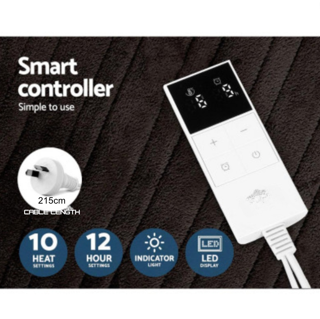 "Adorearth™ Electric Throw Rug smart controller with 10 heat settings, 12-hour timer, indicator light, LED display, and 215cm cable length."