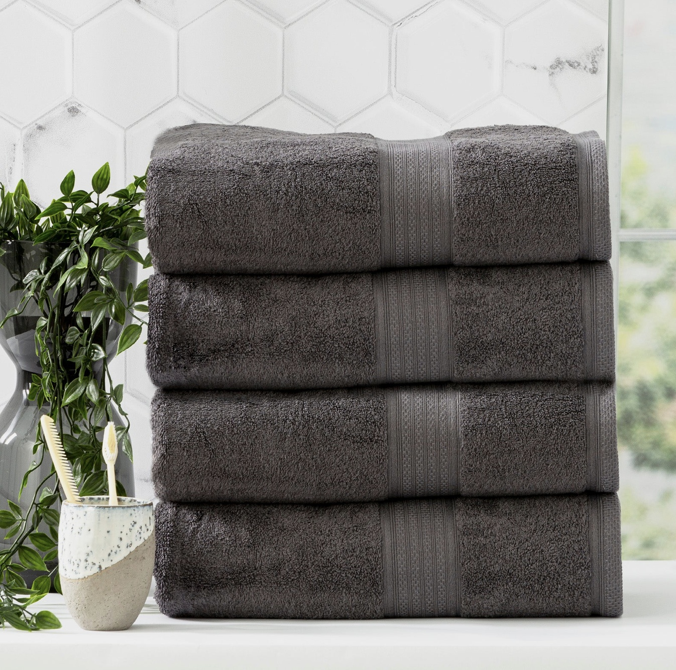 Organic Bamboo Towels Adorearth™ - Stack of 4 Gray Bath Towels in Modern Bathroom Setting