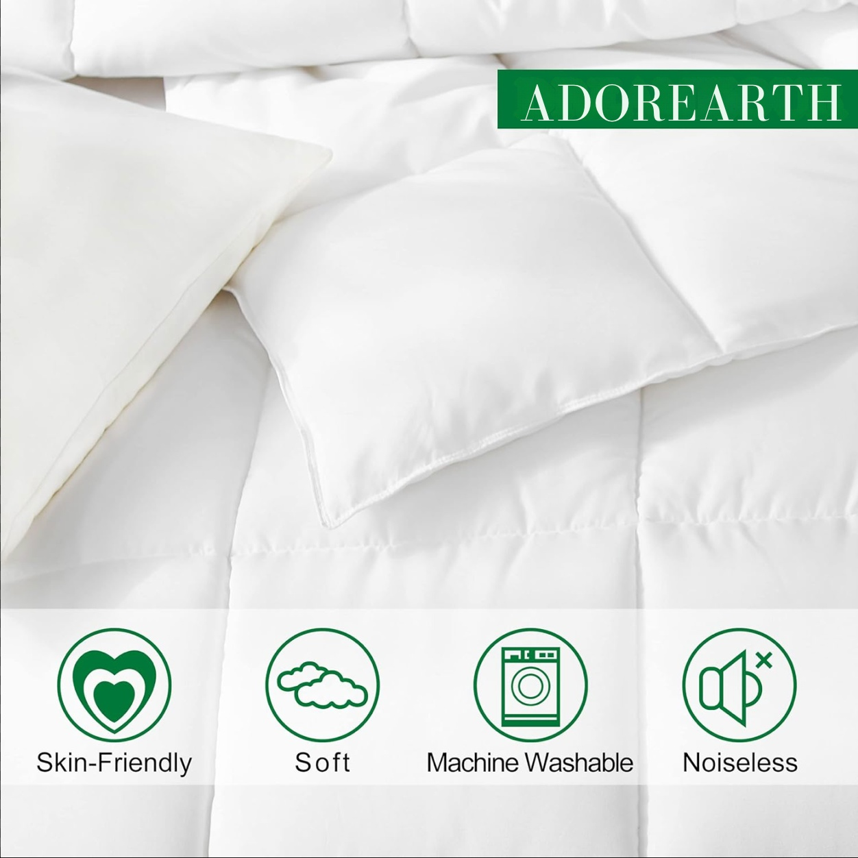 Close-up image of Adoreearth's white Organic Bamboo Microfibre Quiltr and pillow, emphasizing its skin-friendly, soft, machine-washable, and noiseless features. The Adoreearth logo is prominently displayed, highlighting the brand's commitment to quality and comfort.