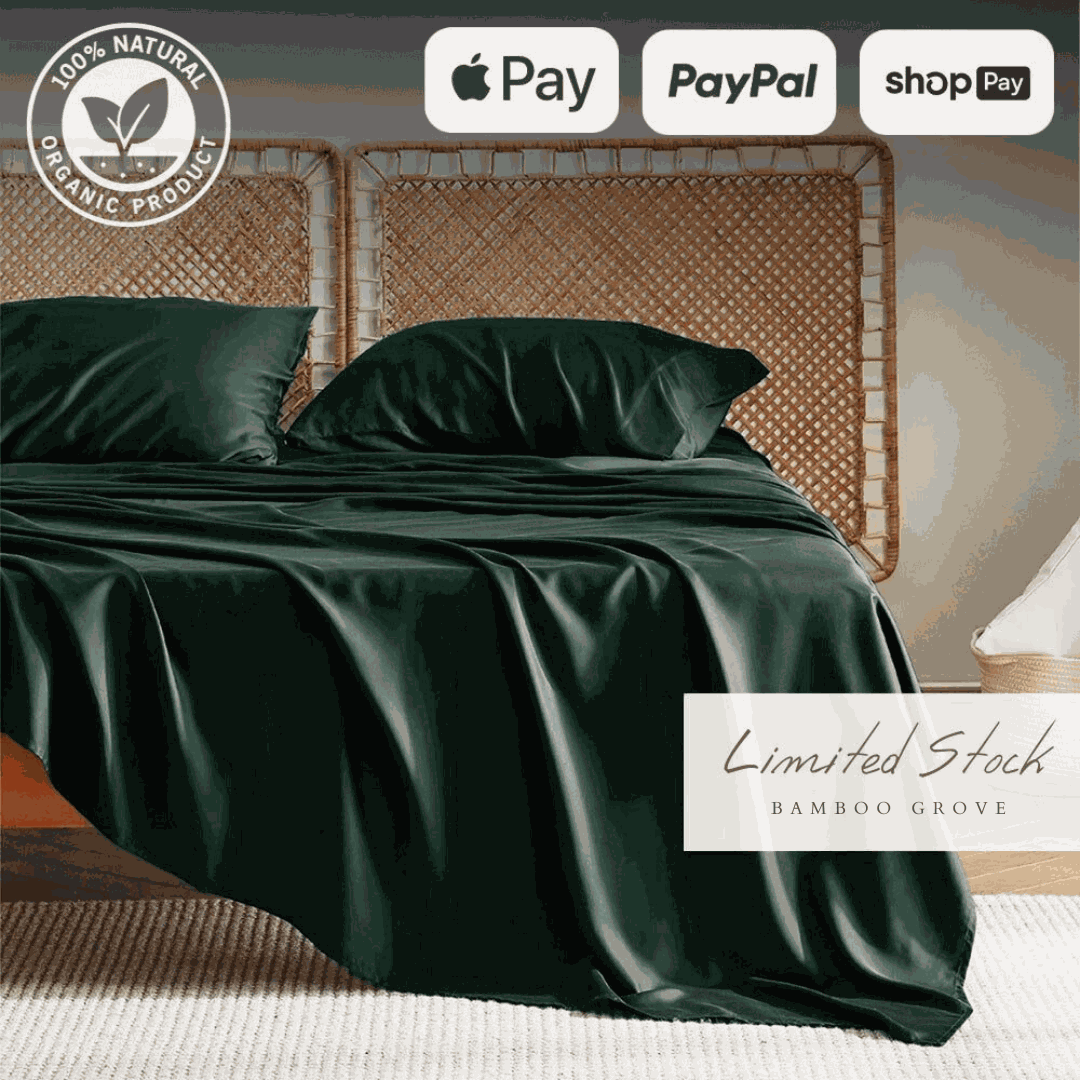 Adorearth 100% Organic Bamboo Sheets in deep green displayed on a bed, showing smooth, cooling texture.